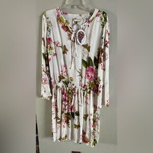 NWT Women's Size M White Sheer Floral Midi Dress Long Sleeves (string Torn)